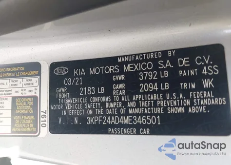 2021 Kia Forte Lxs z USA, uszkodzony, nr VIN 3KPF24AD4ME346501